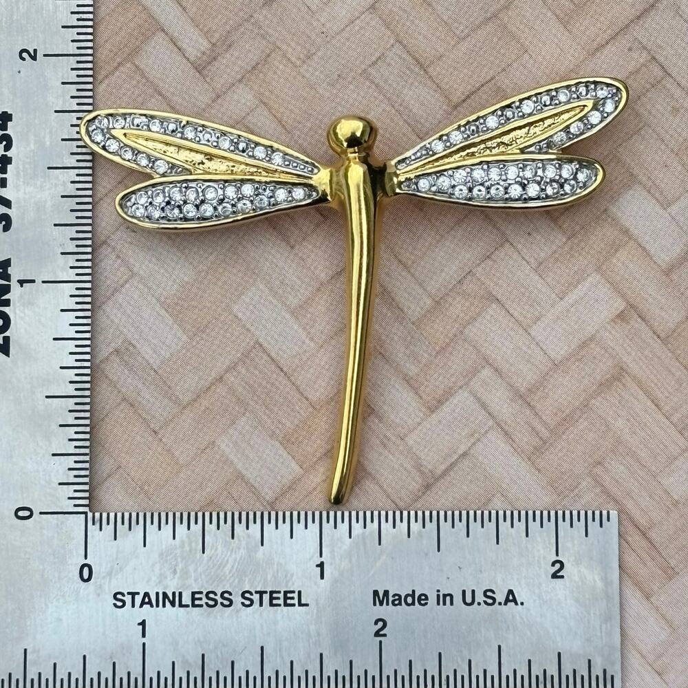 Vintage Gold Tone Rhinestone Dragonfly Brooch Pin - Picture 5 of 6